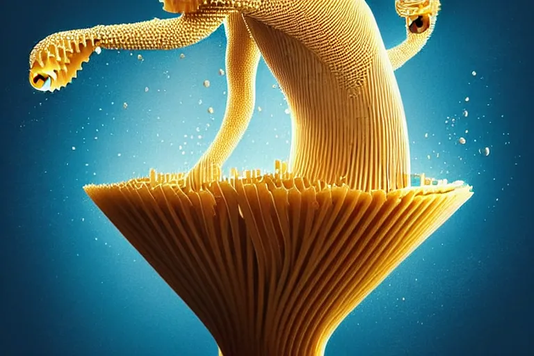 Image similar to olympic diver made of pasta diving into a dish of pasta, splash, art deco intricate ripples, fantasy, elegant, highly detailed, sharp focus, art by artgerm and beeple and greg rutkowski and wlop