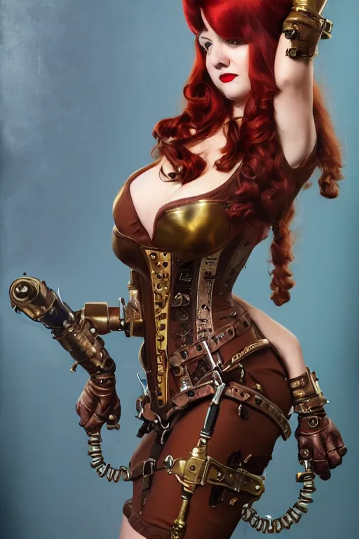Prompt: Steampunk Pin-up girl, alluring, latina skin, red hair, long straight hair, fully armor, brass colored armor coat, brown corset, tech goggles on hair, gears, posing, trending on artstation, artstationHD, artstationHQ, acrylic painting