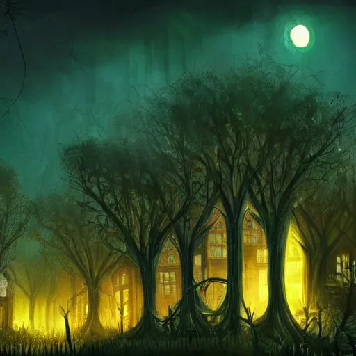 Prompt: hidden city in a forest with building made of twisting trees with homes attached, thorny, glowing windows, glowing flowers, dark, moody, creepy, concept art