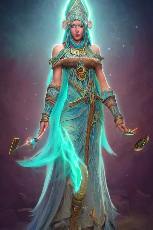 Prompt: beautiful wizard female with teal skin, full body shot, hair made of algae, egyptian clothing, with a wooden stuff, d & d, fantasy, intricate, elegant, highly detailed, digital painting, artstation, concept art, matte, sharp focus, illustration, hearthstone, art by artgerm and greg rutkowski and alphonse mucha