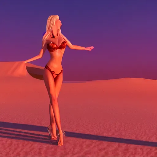 Prompt: exotic dancer beautiful woman standing behind the sand dunes in the desert on dark red sunset digital art trending on artstation