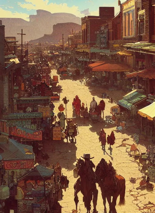 Image similar to beautiful scene commission of a bustling desert western town. Atmospheric. Renowned scene illustration by greg rutkowski, thomas kindkade, alphonse mucha, loish, norman rockwell. detailed, inked, western comic book art