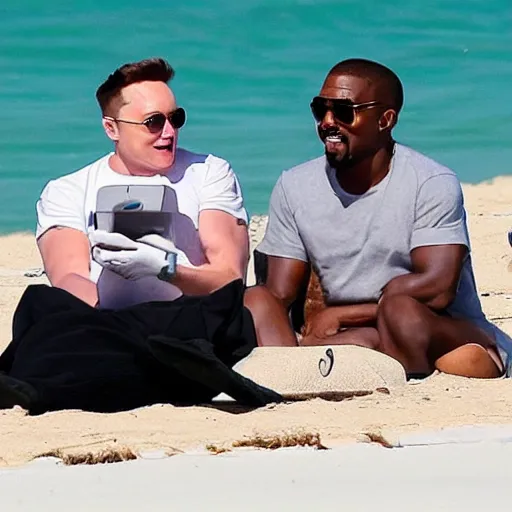 Image similar to elon musk and kanye west laughing chilling at the beach in aruba