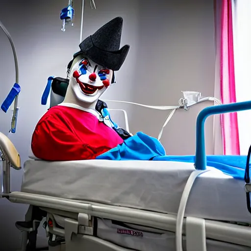 Image similar to crazy clown strapped in hospital bed with wrist restraints on, restraints have fabric straps attached to hospital bed, photograph, 8 k