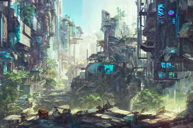 Image similar to a cyberpunk city in ruins, jungle plants overgrowing the streets and buildings, cats run through the ruins, drinking from pools of water and climbing on old fallen signs, by artgerm and amano and rutkowski and kincaid, trending on artstation