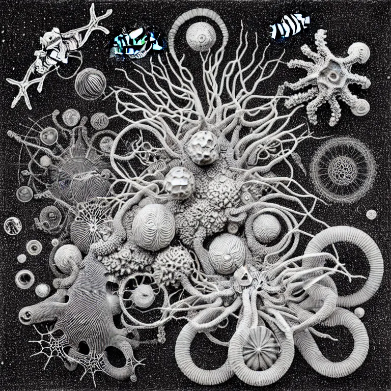 Image similar to a black and white drawing of a variety of sea life and filled with gundam mech equipment space station, a microscopic photo by ernst haeckel, zbrush central, kinetic pointillism, bioluminescence, intricate patterns, photoillustration