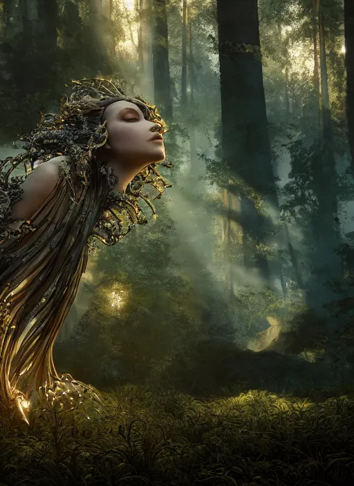 Image similar to beauteous nebular biomechanical incredible hair, crystalline masterpiece incrustations, hyperdetailed face, flippered feet, elegant pose, movie still, intricate, octane render, cinematic forest lighting, cgsociety, unreal engine, crepuscular rays, god rays, caustic shadows lighting