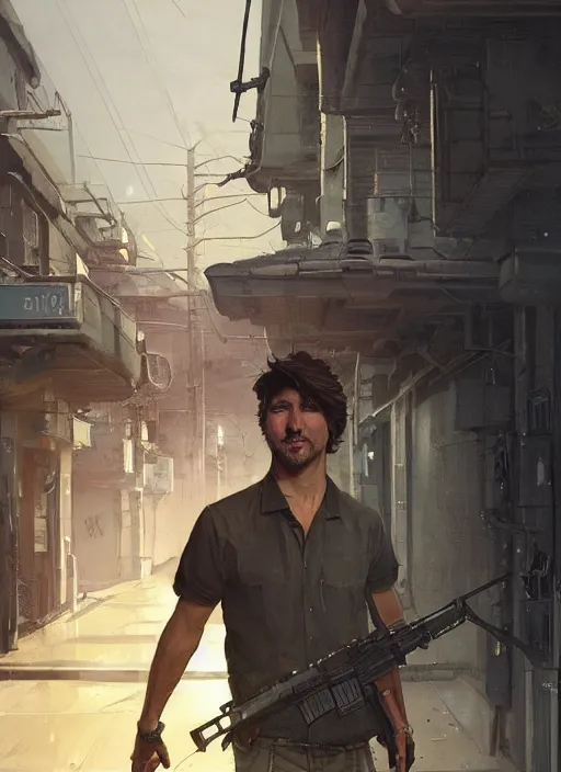 Image similar to highly detailed portrait justin trudeau in street gang attire holding ar - 1 5! in gta v stephen bliss unreal engine fantasy art by greg rutkowski loish rhads ferdinand knab makoto shinkai lois van baarle ilya kuvshinov rossdraws tom bagshaw global illumination radiant light detailed intricate environment