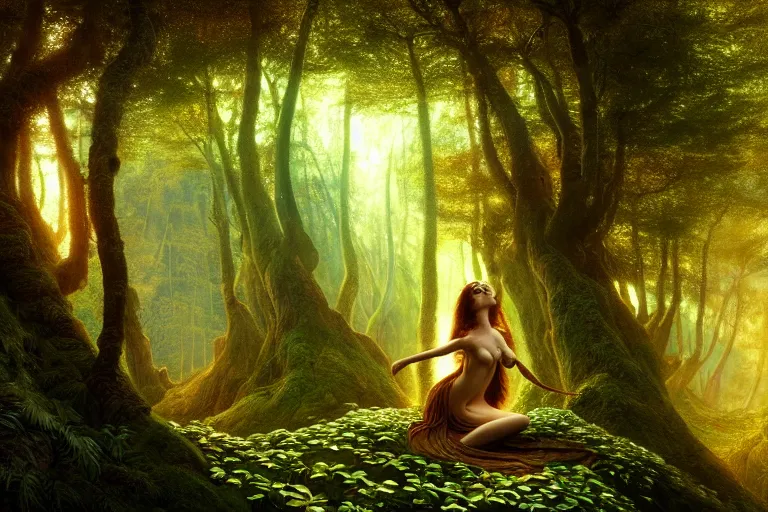 Prompt: a beautiful and highly detailed matte painting of a sexy lady in a mystical forest, psychedelic, celtic, intricate details, epic scale, insanely complex, 8 k, sharp focus, photorealism, artstation, cgsociety, by caspar friedrich, albert bierstadt, james gurney, brian froud,