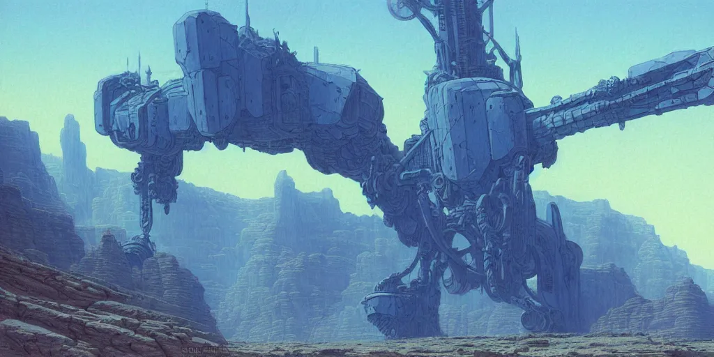 Image similar to grainy matte painting of gigantic huge mech with huge swords, pastel matte colors, staying in the toxic blue canyon, by moebius, hyperrealism, intricate detailed