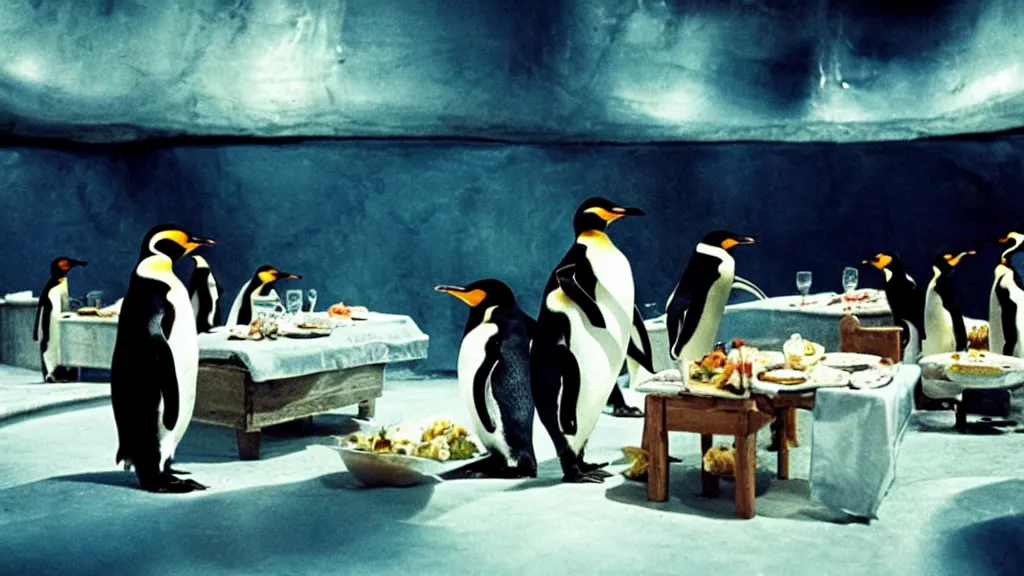 Image similar to restaurant for penguins, film still from the movie directed by denis villeneuve and david cronenberg with art direction by salvador dali and dr. seuss