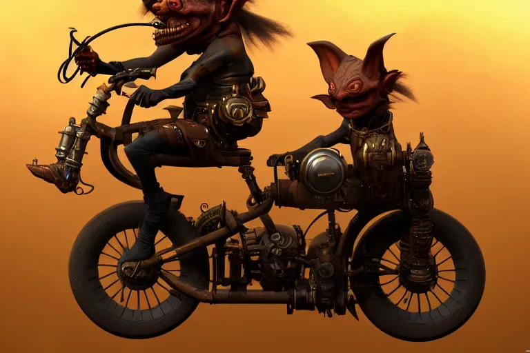 Prompt: a goblin riding a steampunk motorcycle, volumetric light, epic lighting, hyperdetailed, artstation, cgsociety, 8k