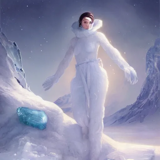 Image similar to a hyperrealistic illustration of a human in the Arctic, white long clothes, snow on the body, blue transparent ice with fractal sunlight, award-winning, masterpiece, in the style of Tom Bagshaw, Cedric Peyravernay, Peter Mohrbacher