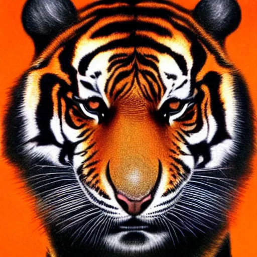 Image similar to Angry Tiger portrait, dark fantasy, orange, artstation, painted by Zdzisław Beksiński and Wayne Barlowe