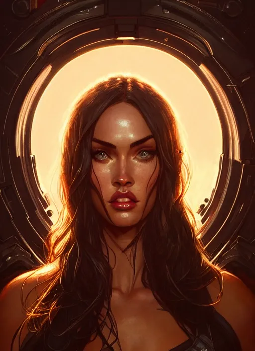 Image similar to portrait of apex legends megan fox, intricate, elegant, glowing lights, highly detailed, digital painting, artstation, glamor pose, concept art, smooth, sharp focus, illustration, art by artgerm and greg rutkowski, artey freytag