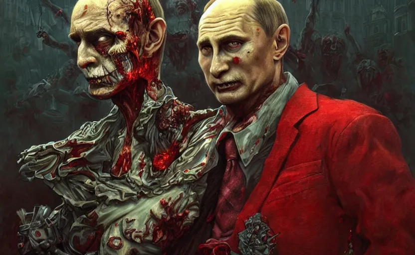 Image similar to zombie Putin in Red Square, fantasy, intricate, highly detailed, digital painting, artstation, concept art, smooth, sharp focus, illustration, art by artgerm and greg rutkowski and alphonse mucha