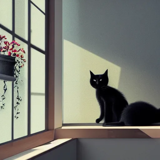 Prompt: peaceful dreamy painting of a content black cat sitting by a window, sunshine coming through the window, small plants on the window sill, 4k resolution, highly detailed, trending on artstation, octane render