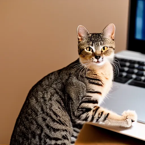 Image similar to an anthropomorphic cat looking up cat videos on a computer using mouse with paw, 85mm f1.8