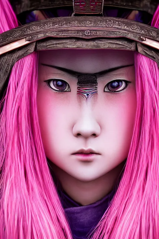 Image similar to highly detailed beautiful photo of a young female samurai, symmetrical face, beautiful eyes, pink hair, realistic anime art style, 8 k, award winning photo, pastels colours, action photography, 1 / 1 2 5 shutter speed, sunrise lighting