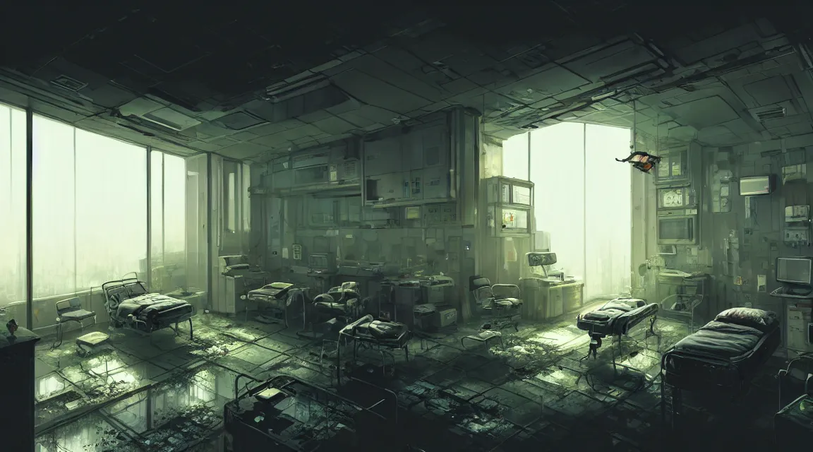 Image similar to post apocalyptic room interior, hospital interior, human silhouette, furniture, interior decoration, by pascal blanche, neil blevins, trending on artstation, photorealistic, hyper detailed, hyper realistic, cyberpunk