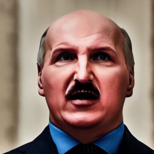 Prompt: Alexander Lukashenko as the American Psycho, staring with murderous intent, sweating hard, cinematic still