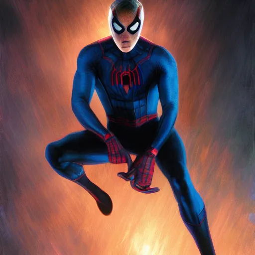 Image similar to ryan reynolds as spider - man, wearing a black and blue suit, cinematic, volumetric lighting, f 8 aperture, cinematic eastman 5 3 8 4 film, photorealistic by greg rutkowski, by stanley artgerm, by alphonse mucha