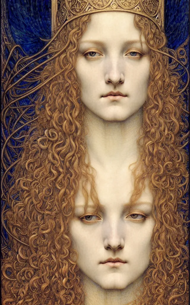 Image similar to detailed realistic beautiful young medieval queen face portrait by jean delville, gustave dore and marco mazzoni, art nouveau, symbolist, visionary, gothic, pre - raphaelite. horizontal symmetry