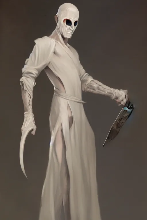 Prompt: fantasy painting of a pale man dressed in robes with a black blade, painted by Bayard Wu, ultra detailed, 8k