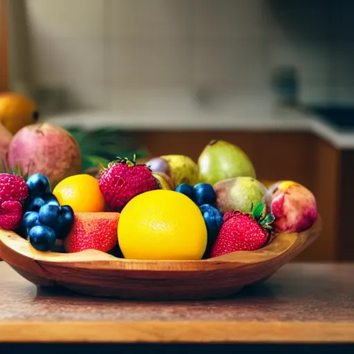 Prompt: a fruit basket on top of a kitchen table, sharp focus