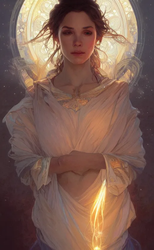 Prompt: portrait of a light witch, kind, loving, elegant, faithful, hopeful, intricate, headshot, highly detailed, digital painting, artstation, concept art, sharp focus, cinematic lighting, illustration, art by artgerm and greg rutkowski, alphonse mucha, cgsociety