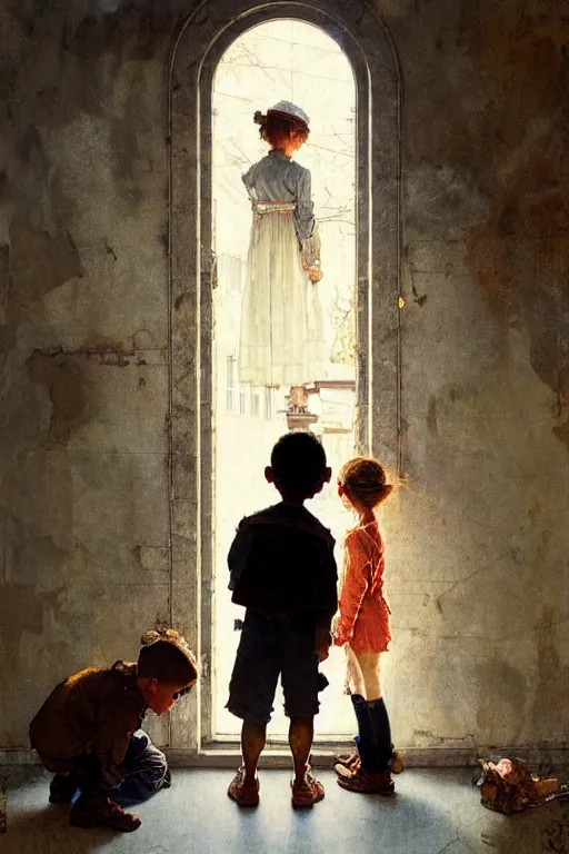 Image similar to a 1 2 year old boy and 3 year old girl looking at a wall full of ghosts, part by norman rockwell, part by greg rutkowski, part by mattias adolfsson, high angle, ( ( ( ( volumetric lighting ) ) ) ), oil on canvas