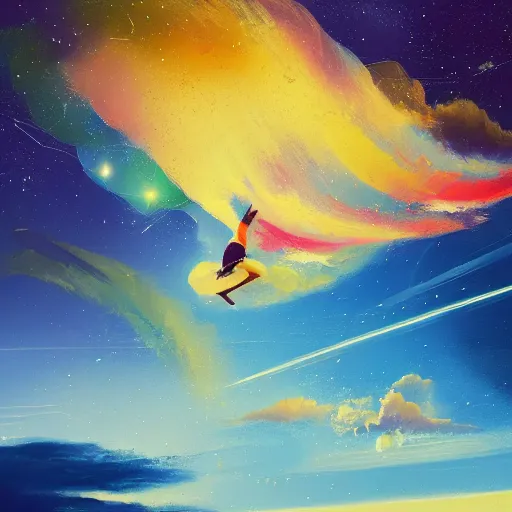 Prompt: a painting of a person flying through the sky, an ultrafine detailed painting by petros afshar, shutterstock contest winner, metaphysical painting, sense of awe, behance hd, windows vista