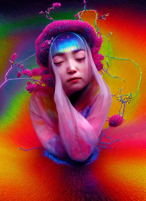 Image similar to hyper detailed 3d render like a Oil painting - kawaii Aurora (Singer) seen Eating of the Strangling network of yellowcake aerochrome and milky Fruit and Her delicate Hands hold of gossamer polyp blossoms bring iridescent fungal flowers whose spores black the foolish stars by Jacek Yerka, Mariusz Lewandowski, Houdini algorithmic generative render, Abstract brush strokes, Masterpiece, Edward Hopper and James Gilleard, Zdzislaw Beksinski, Mark Ryden, Wolfgang Lettl, hints of Yayoi Kasuma, octane render, 8k