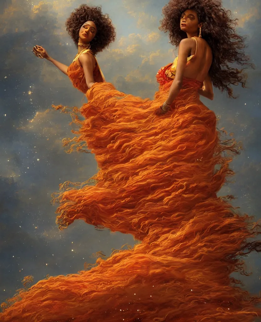 Prompt: a brown skinned goddess with long dark curly hair and a red dress, windy, golden details, shooting stars, stoic, modern, shes alone, maximalist fashion dress, hyperdetailed, dramatic, epic painting, painted by jean honore fragonard and greg rutkowski, full body, octane render, sharpness, 8 k, golden ratio