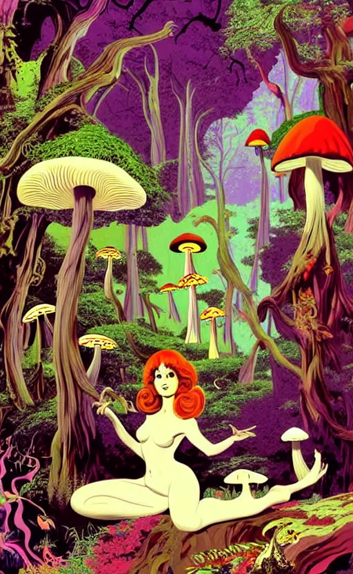 Image similar to psychedelic mushrooms in an enchanted forest with fairies in the trees wide angle shot, white background, vector art, illustration by frank frazetta and salvador dali