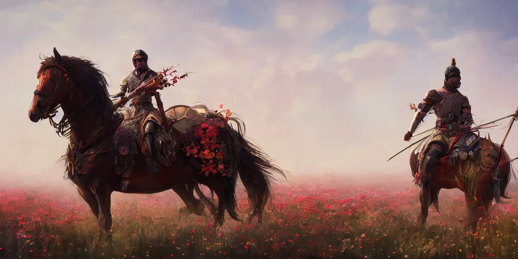 Image similar to an aesthetic field of flowers, asian knight on horse, greg rutkowski, zabrocki, karlkka, jayison devadas, trending on artstation, 8 k, ultra wide angle, zenith view, pincushion lens effect