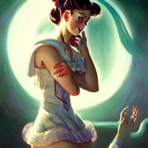 Prompt: Masterpiece Portrait of Sailor Moon, dark fantasy, medium shot, intricate, elegant, highly detailed, digital painting, volumetric light, artstation, concept art, smooth, sharp focus, illustration, art by Gil Elvgren and Greg Rutkowski and Alphonse Mucha