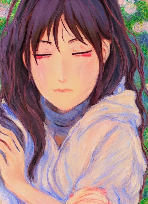 Image similar to an extremely cute girl crying tears of joy, very anime, trending artwork, 4 k, anime painter studio, an impressionist style by claude monet