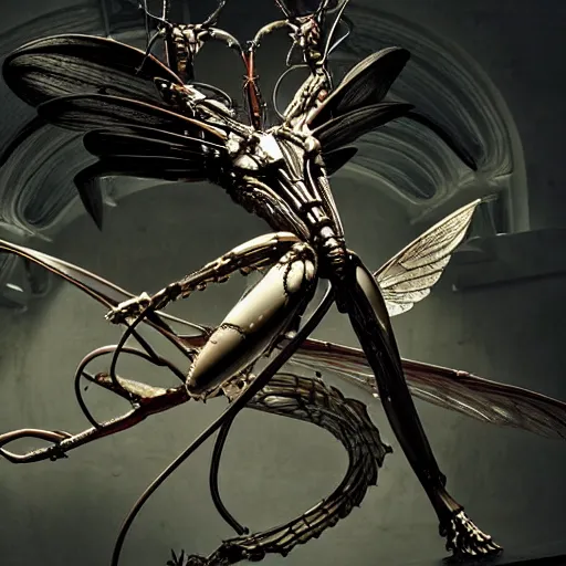 Prompt: still frame from Prometheus movie by Makoto Aida, flying biomechanical angel gynoid by giger, mimicking devil's dragon flower mantis, metal couture by neri oxmn and Guo pei, flying angel editorial by Malczewski and by Caravaggio