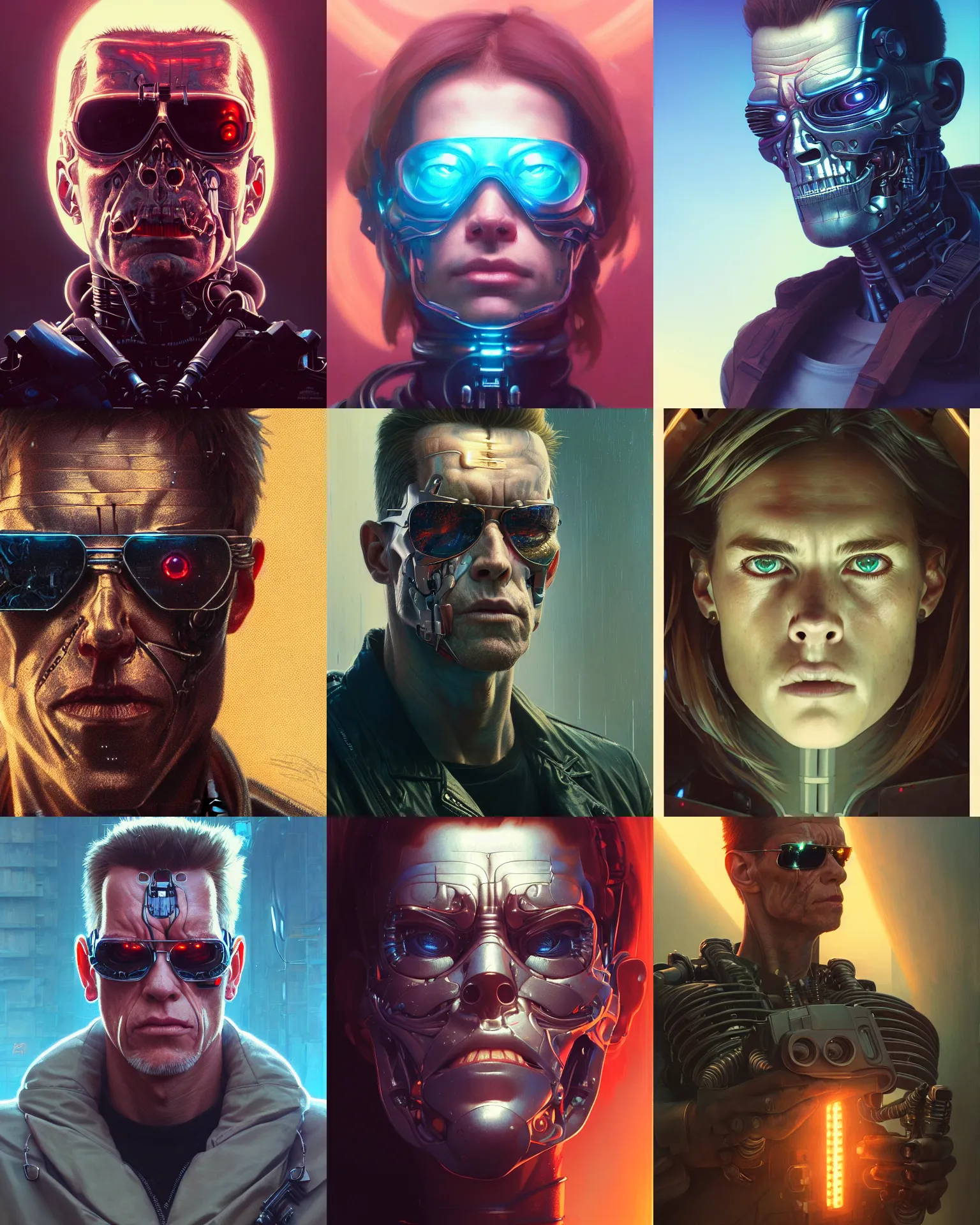 Prompt: highly detailed portrait of terminator, stephen bliss, unreal engine, greg rutkowski, loish, rhads, beeple, makoto shinkai and lois van baarle, ilya kuvshinov, rossdraws, tom bagshaw, alphonse mucha, global illumination, detailed and intricate environment