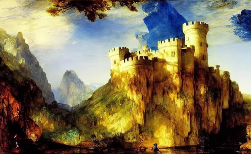 Prompt: castle on the top of a mountain, blue light, blue tones. by henriette ronner - knip, by william henry hunt, by rembrandt, by joseph mallord william turner, by konstantin razumov, concept art,