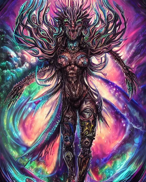 Image similar to silver mechanical charred bloody fleshmetal cyborg daemonhost woman psychedelic flamer of tzeentch with extra arms, blue and green rainbow fire, by antonio j. manzanedo, alex grey, android jones, philippe druillet, raymond swanland, cyril rolando, josephine wall, harumi hironaka, cronenburg, trending on artstation