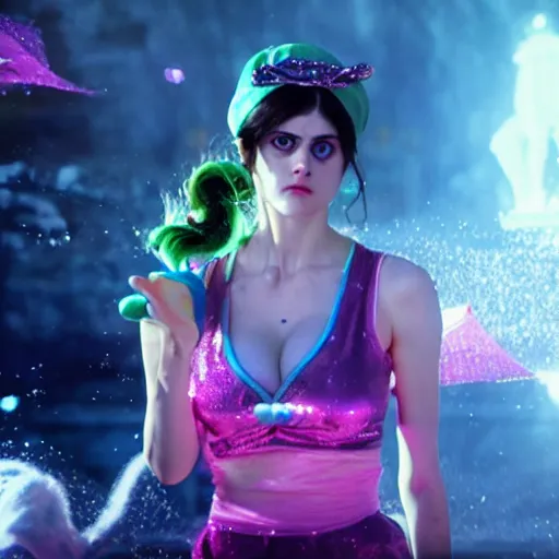 Image similar to cinematic scene with alexandra daddario as jolyne from jojo's bizarre adventure, live action film, stone ocean, dramatic, small details, volumetric lighting, still frame