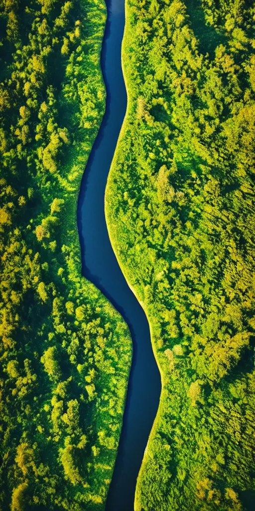 Prompt: wide!!! landscape photo of river that follows the distinct shape of a lateral human spinal!! column!!!, high detail, drone photo, golden hour, lush green vegetation, medium format