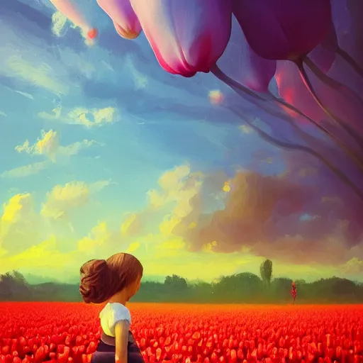 Image similar to girl with a giant tulip head, surreal photography, flower field, sunset dramatic light, impressionist painting, colorful clouds, blue sky, digital painting, artstation, simon stalenhag