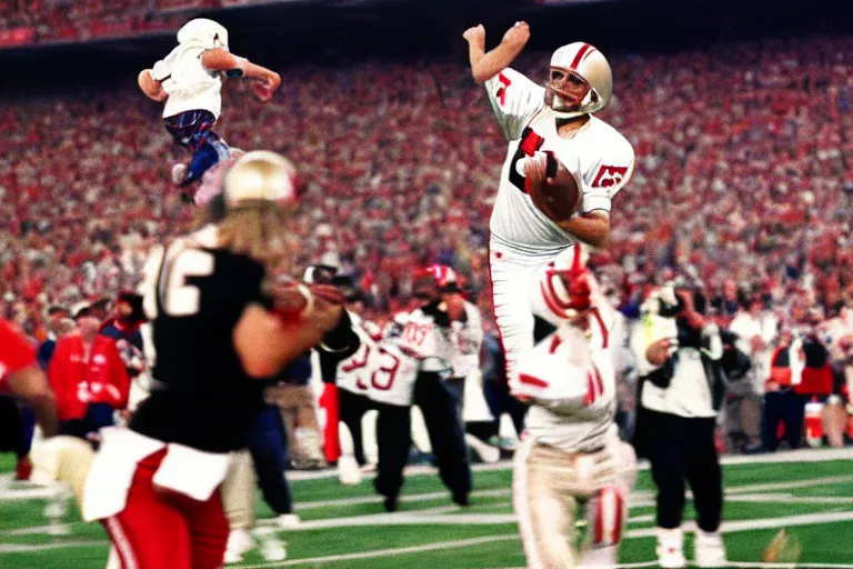 Prompt: joe montana throwing a baby for the winning touchdown superbowl 1 9 9 4