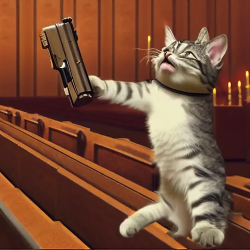 Image similar to a cat shooting church pews while shouting pew pew pew, ultra realistic, cgsociety