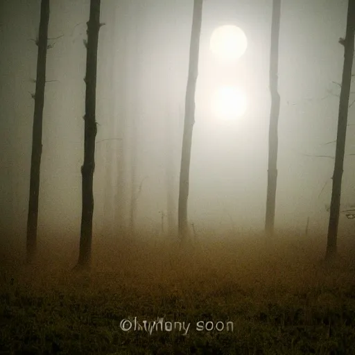 Image similar to huge owl flying at night through fog in the forest lit by the full moon fog moving through feathers