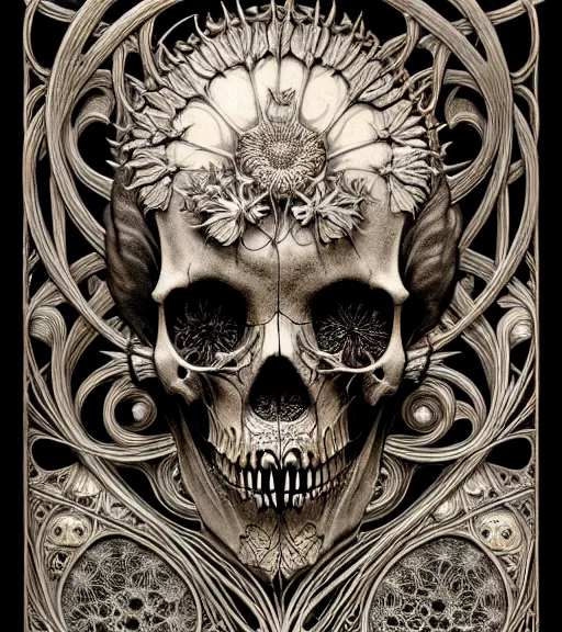 Image similar to art forms of nature by ernst haeckel, memento mori by arthur rackham, ornate antique porcelain beautiful skull mask, ultrasharp, photorealistic, hyperdetailed, octane render, polished, art nouveau, neo - gothic, gothic, intricate ornamental organic filigree, art nouveau botanicals, art forms of nature by ernst haeckel, horizontal symmetry, symbolist, visionary