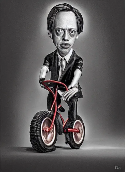 Prompt: hyperrealism steve buscemi riding a tricycle, light effect, hyper detailed, claymation, cartoon, detailed, realistic materials, sharp focus